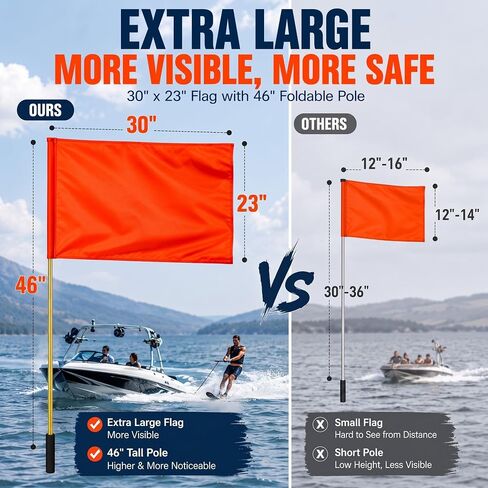 2-Pack Orange Boat Safety Flags with 46" Foldable Aluminum Pole – Extra-Large (30" x 23") High-Visibility "Skier Down" Flag for Water Skiing, Wakeboarding, Tubing, Kayaking, Fishing, and Boating in Kuwait
