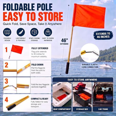 2-Pack Orange Boat Safety Flags with 46" Foldable Aluminum Pole – Extra-Large (30" x 23") High-Visibility "Skier Down" Flag for Water Skiing, Wakeboarding, Tubing, Kayaking, Fishing, and Boating in Kuwait