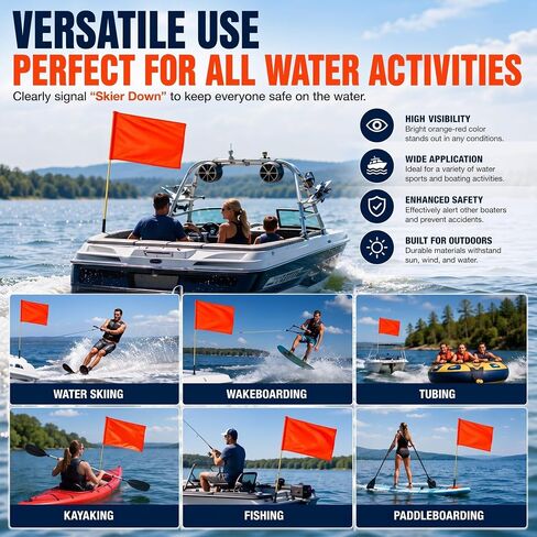 2-Pack Orange Boat Safety Flags with 46" Foldable Aluminum Pole – Extra-Large (30" x 23") High-Visibility "Skier Down" Flag for Water Skiing, Wakeboarding, Tubing, Kayaking, Fishing, and Boating in Kuwait