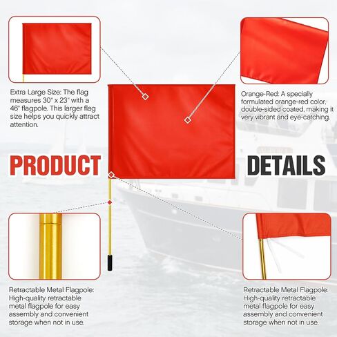 2-Pack Orange Boat Safety Flags with 46" Foldable Aluminum Pole – Extra-Large (30" x 23") High-Visibility "Skier Down" Flag for Water Skiing, Wakeboarding, Tubing, Kayaking, Fishing, and Boating in Kuwait