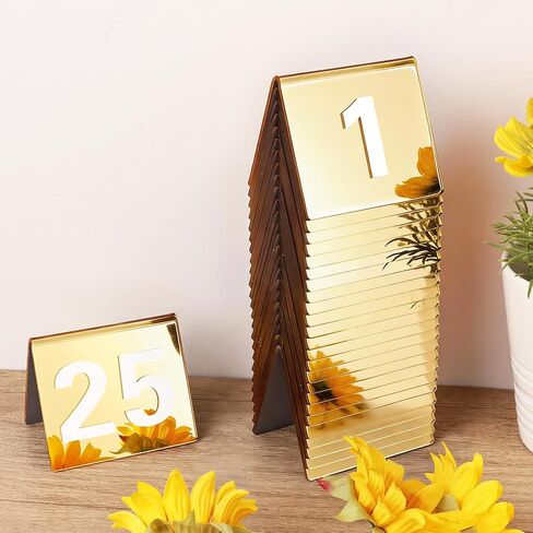 Table Numbers 1-25, 3.5x3 Inch Mirrored Gold Acrylic Tent Style Number Signs, Double Sided Wedding Reception Party Restaurant Table Decorations in Kuwait