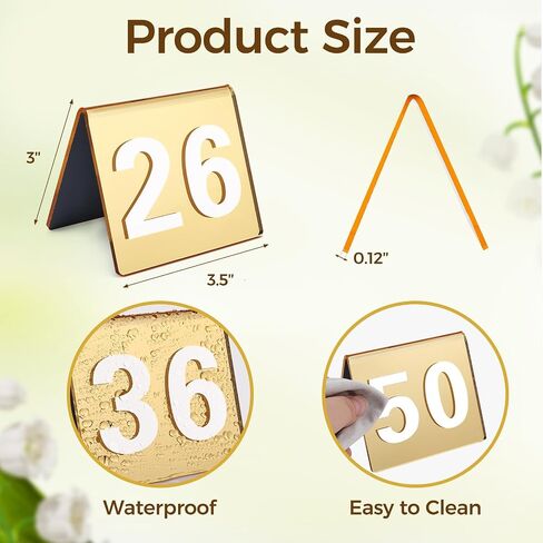 Table Numbers 1-25, 3.5x3 Inch Mirrored Gold Acrylic Tent Style Number Signs, Double Sided Wedding Reception Party Restaurant Table Decorations in Kuwait