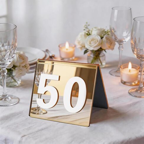 Table Numbers 1-25, 3.5x3 Inch Mirrored Gold Acrylic Tent Style Number Signs, Double Sided Wedding Reception Party Restaurant Table Decorations in Kuwait
