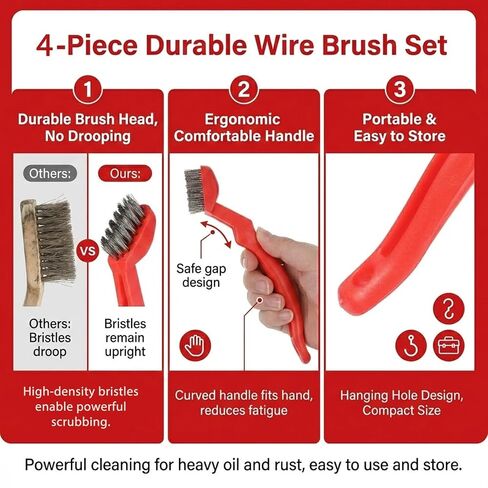 4 PCS Stainless Steel Brush, Small Metal Brushes Heavy-Duty Wire Brush for Rust Removal, Small Cleaning Brushes with Curved Handle for Paint Scrubbing, Welding Slag in Kuwait