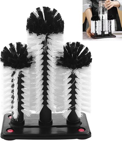 360°Glass cup cleaning brush,Water Bottle Cleaning Glass Washer Cup Sink Washer Brush with Suction Base Bristle Brushfor Sink,3Head Flexible Bristles Double Sided Glass cup cleaning brush(Black+White) in Kuwait