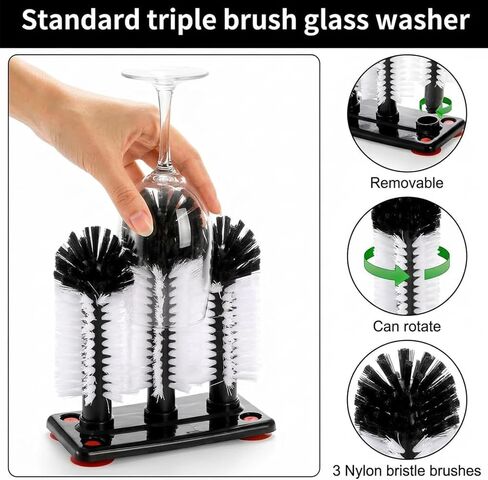 360°Glass cup cleaning brush,Water Bottle Cleaning Glass Washer Cup Sink Washer Brush with Suction Base Bristle Brushfor Sink,3Head Flexible Bristles Double Sided Glass cup cleaning brush(Black+White) in Kuwait