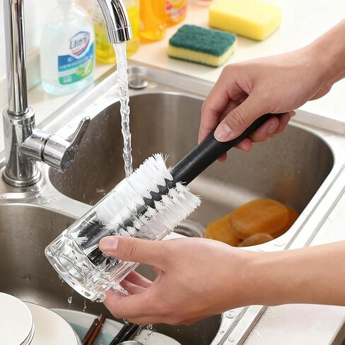 360°Glass cup cleaning brush,Water Bottle Cleaning Glass Washer Cup Sink Washer Brush with Suction Base Bristle Brushfor Sink,3Head Flexible Bristles Double Sided Glass cup cleaning brush(Black+White) in Kuwait