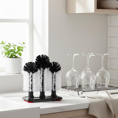 360°Glass cup cleaning brush,Water Bottle Cleaning Glass Washer Cup Sink Washer Brush with Suction Base Bristle Brushfor Sink,3Head Flexible Bristles Double Sided Glass cup cleaning brush(Black+White) in Kuwait