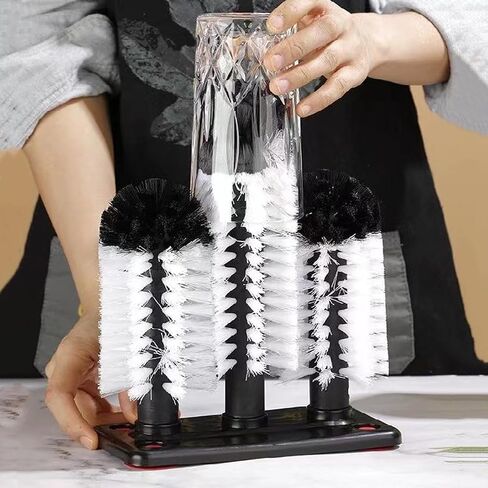360°Glass cup cleaning brush,Water Bottle Cleaning Glass Washer Cup Sink Washer Brush with Suction Base Bristle Brushfor Sink,3Head Flexible Bristles Double Sided Glass cup cleaning brush(Black+White) in Kuwait