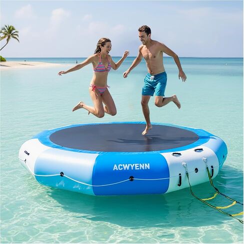 10/12/15FT Inflatable Water Trampoline for Lake, Floating Water Trampoline with Rope Ladder and Mooring Ropes Without Pump Blue (10FT Blue-White) in Kuwait