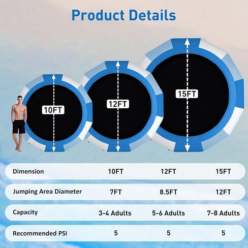 10/12/15FT Inflatable Water Trampoline for Lake, Floating Water Trampoline with Rope Ladder and Mooring Ropes Without Pump Blue (10FT Blue-White) in Kuwait