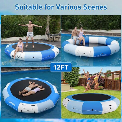 10/12/15FT Inflatable Water Trampoline for Lake, Floating Water Trampoline with Rope Ladder and Mooring Ropes Without Pump Blue (10FT Blue-White) in Kuwait