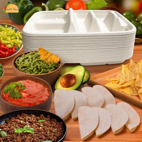 لوحات تاكو يمكن التخلص منها ل 2 من Tacos & 2 - 50 حزمة | لوحات الورق المتميزة مع المقسمات ، حامل Fiesta Taco ، Taco Stand for Taco Tuesday & Taco Bar Serning Set Taco Plates (50 لوحة) in Kuwait