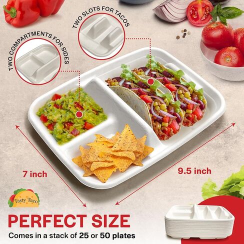 لوحات تاكو يمكن التخلص منها ل 2 من Tacos & 2 - 50 حزمة | لوحات الورق المتميزة مع المقسمات ، حامل Fiesta Taco ، Taco Stand for Taco Tuesday & Taco Bar Serning Set Taco Plates (50 لوحة) in Kuwait