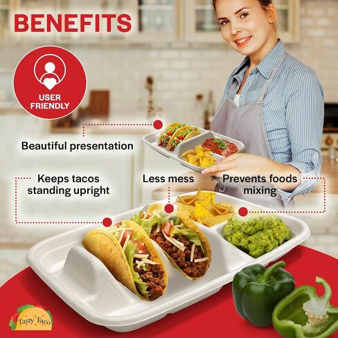 لوحات تاكو يمكن التخلص منها ل 2 من Tacos & 2 - 50 حزمة | لوحات الورق المتميزة مع المقسمات ، حامل Fiesta Taco ، Taco Stand for Taco Tuesday & Taco Bar Serning Set Taco Plates (50 لوحة) in Kuwait