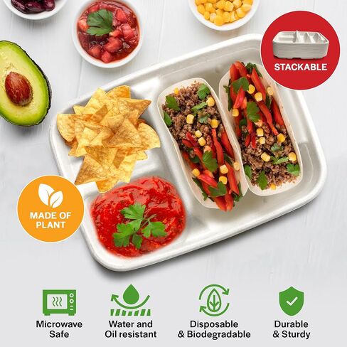 لوحات تاكو يمكن التخلص منها ل 2 من Tacos & 2 - 50 حزمة | لوحات الورق المتميزة مع المقسمات ، حامل Fiesta Taco ، Taco Stand for Taco Tuesday & Taco Bar Serning Set Taco Plates (50 لوحة) in Kuwait