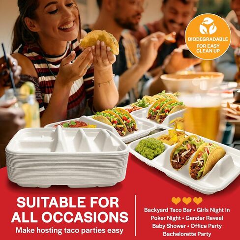 لوحات تاكو يمكن التخلص منها ل 2 من Tacos & 2 - 50 حزمة | لوحات الورق المتميزة مع المقسمات ، حامل Fiesta Taco ، Taco Stand for Taco Tuesday & Taco Bar Serning Set Taco Plates (50 لوحة) in Kuwait