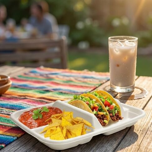 لوحات تاكو يمكن التخلص منها ل 2 من Tacos & 2 - 50 حزمة | لوحات الورق المتميزة مع المقسمات ، حامل Fiesta Taco ، Taco Stand for Taco Tuesday & Taco Bar Serning Set Taco Plates (50 لوحة) in Kuwait