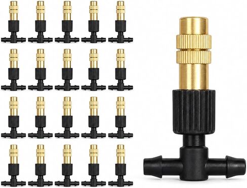 Adjustable brass nozzle with 1/4" tee connector、 compatible with 4/7mm hose, garden greenhouse lawn spray watering nozzle、 10-100 pieces available(50PCS) in Kuwait