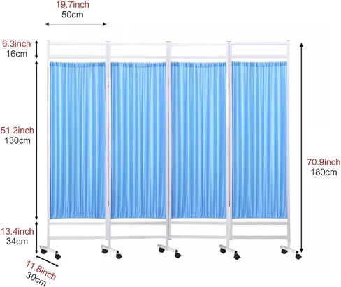 Portable 4-Panel Mcal Screen with Wheels - Foldable Privacy Partition for Patient Waiting Room - Easy to Move White Medical Privacy Divider in Kuwait