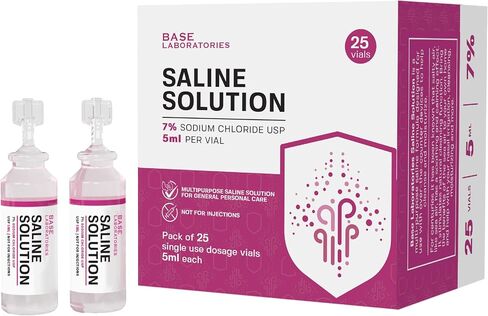 BASE LABORATORIES 7٪ قوارير محلول ملحي - متعددة الاستخدامات 7٪ أمبولات ملحية من كلوريد الصوديوم - محلول ملحي خالٍ من المواد الحافظة قوارير للاستخدام الفردي - قوارير من الدرجة USP 25 × عدد 5 مل in Kuwait