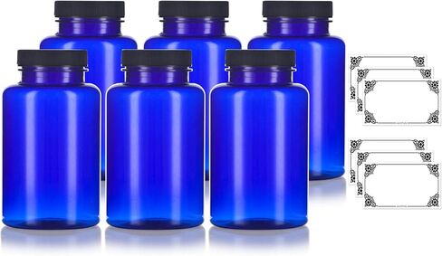 JUVITUS (6 pack) 8 oz Cobalt PET Plastic Packer Bottle with Black Ribbed Lid + Labels in Kuwait