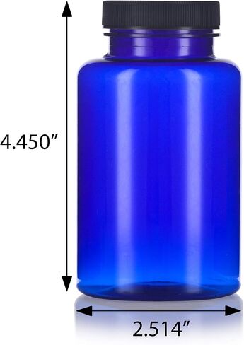 JUVITUS (6 pack) 8 oz Cobalt PET Plastic Packer Bottle with Black Ribbed Lid + Labels in Kuwait