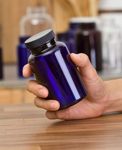 JUVITUS (6 pack) 8 oz Cobalt PET Plastic Packer Bottle with Black Ribbed Lid + Labels in Kuwait