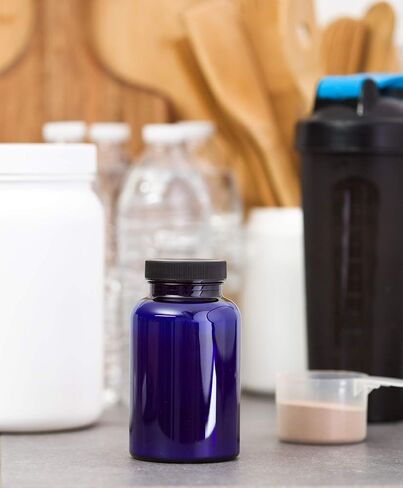 JUVITUS (6 pack) 8 oz Cobalt PET Plastic Packer Bottle with Black Ribbed Lid + Labels in Kuwait