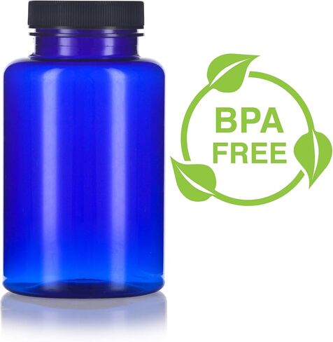 JUVITUS (6 pack) 8 oz Cobalt PET Plastic Packer Bottle with Black Ribbed Lid + Labels in Kuwait