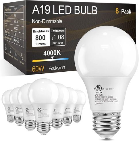 TJOY A19 LED Light Bulbs 60 Watt Equivalent, E26 Standard Base LED Bulbs, 4000K Cool White Lightbulbs, 9W Energy Saving Neutral White for Home, 800 Lumens, 85+ CRI, 120V, Non-Dimmable, UL, 6 Pack in Saudi Arabia