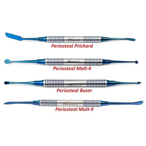 مجموعة مصعد سمحاقي للأسنان مكونة من 4 قطع مطلية بالتيتانيوم الأزرق | Prichard Molt Buser Surgical Elevators | Stainless Steel Implant Instruments Autoclavable in Kuwait