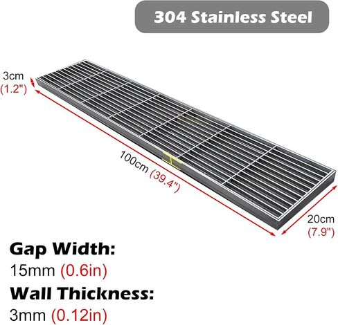 Long Outdoor Drain Grate Trench Drain Kit, Sewerage Gratings System for Driveway/Garage/Yard, 304 Stainless Steel Drainage Channel Grate Cover(100x20x3cm (39.4x7.9x1.2in)) in Kuwait