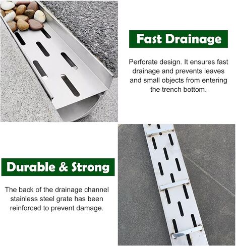 Outdoor Channel Drain Kit, Trench Drainage Gutter for Cobble Stones Filling, Sewerage Gratings System with Stainless Steel Grate(Size:25x25cm(9 7/8x9 7/8")) in Kuwait