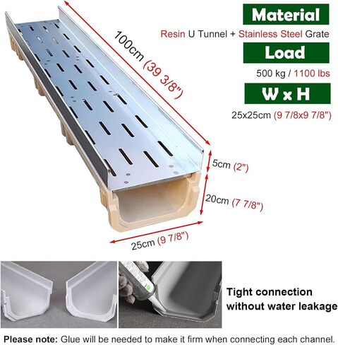Outdoor Channel Drain Kit, Trench Drainage Gutter for Cobble Stones Filling, Sewerage Gratings System with Stainless Steel Grate(Size:25x25cm(9 7/8x9 7/8")) in Kuwait