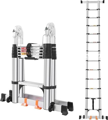 16.5FT Telescoping A Frame Ladder with Anti-Slip Feet, Multi Position Extension Telescopic Ladder with Stabilizers, Foldable Lightweight Collapsible Ladder for Home Indoor Outdoor Rv, 330LBS Capacity in Kuwait