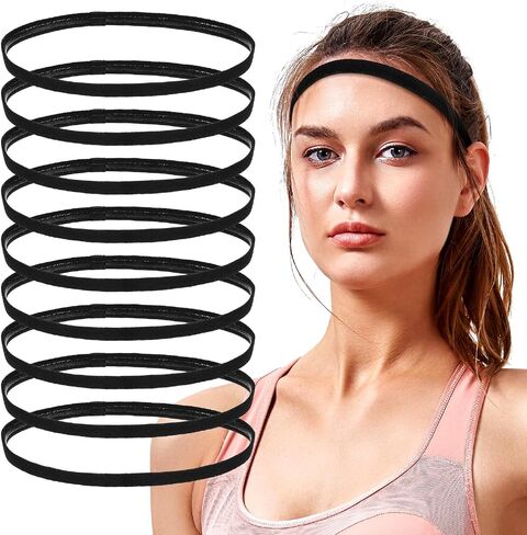 Healifty Thin Sports Headbands for Men Women: 9pcs Non Slip Elastic Hair Bands Black, Athletic Sweat Accessories for Workout Running Soccer Yoga in Kuwait