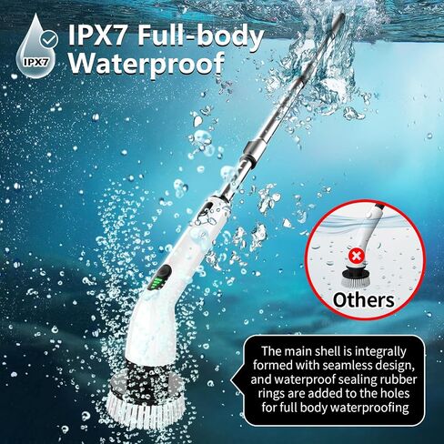 منظف ​​دوار كهربائي من TUYU، منظف حمام مقاوم للماء IPX7 لكامل الجسم، 4 رؤوس بديلة لمقبض تمديد قابل للتعديل فرشاة تنظيف كهربائية للحمام والحوض والبلاط in Kuwait