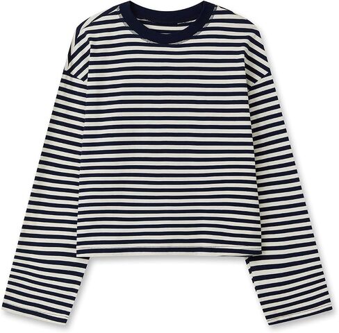 المرأة المتضخم مخطط كم طويل قميص Y2k Crewneck انخفاض الكتف اقتصاص المحملات في سن المراهقة الفتيات فضفاض البلوز in Kuwait