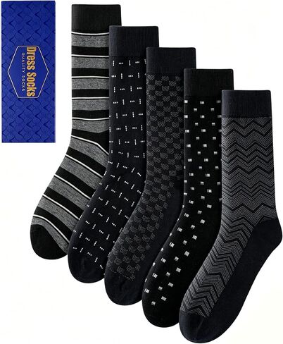 Mens Dress Socks Classic Patterned Business Crew Cotton Socks for Father Birthday Christmas Gifts 5 Pairs in Kuwait