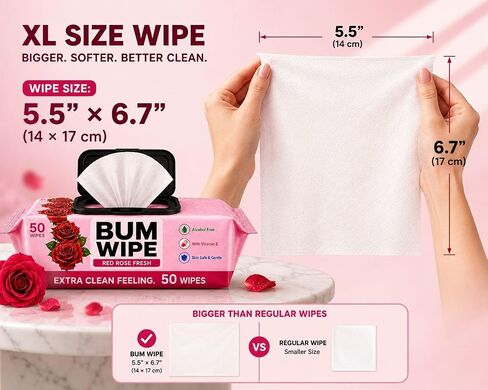 BUTT WIPES FOR ADULTS – Toilet Wet Wipes for Butt & Bottom Cleaning, Rose Scent, Soft & Gentle,50 Wipes in Kuwait
