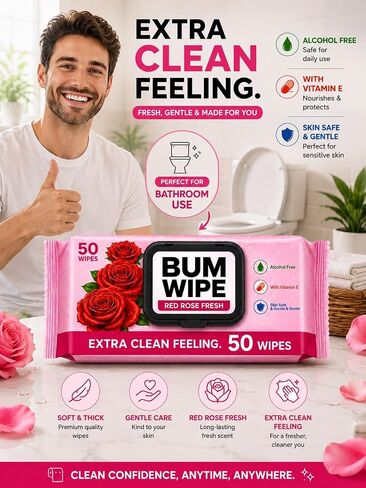 BUTT WIPES FOR ADULTS – Toilet Wet Wipes for Butt & Bottom Cleaning, Rose Scent, Soft & Gentle,50 Wipes in Kuwait