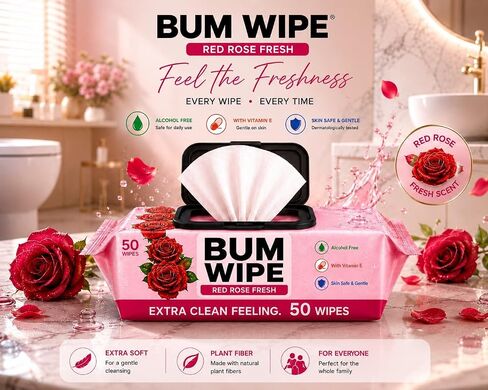 BUTT WIPES FOR ADULTS – Toilet Wet Wipes for Butt & Bottom Cleaning, Rose Scent, Soft & Gentle,50 Wipes in Kuwait