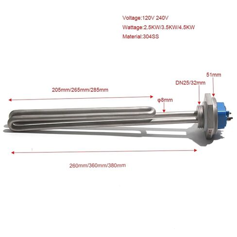 DN25/1 Inch 32mm Electric Bend Heating Element 120V 240V Immersion Heater Resistance for Water Tank 2.5KW 3.8 4.5 1Pcs(with Internal Nut,240V_4.5KW 380MML 304SS) in Kuwait