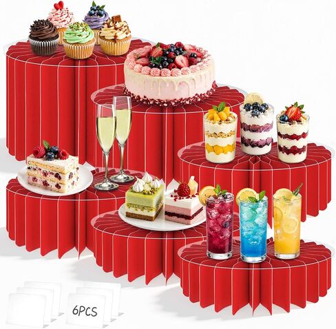 6Pcs Buffet Risers, Food Risers for Table, Foldable Cake Display Stands, Tall Cardboard Cupcakes Stand for Show Catering Desserts Jewelry Wedding Birthday Party Decoration (Glitter Red) in Kuwait