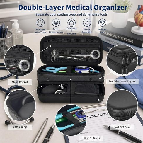 حافظة سماعة الطبيب COMECASE لجهاز Littmann Classic III، منظم الممرضات الصلبة | تصميم مزدوج الطبقة يحافظ على سماعة الطبيب ومصابيح القلم والأدوات الطبية اليومية منفصلة عن العمل in Kuwait