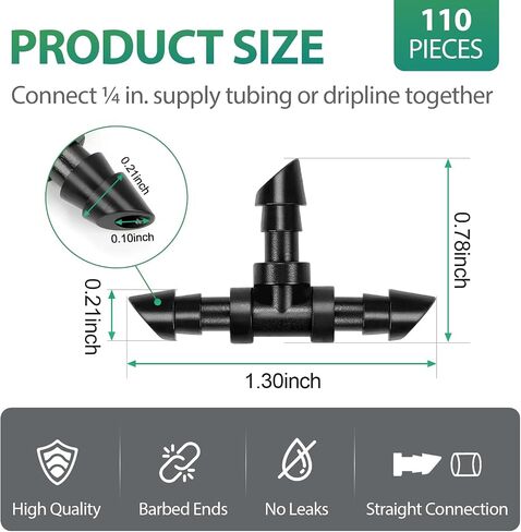 RedChili 110 Pack Drip Irrigation Universal 1/4" Barbed Tee Fitting, Drip System Parts Double Barbed T Connectors Fits 1/4-Inch Drip Tubing Irrigation for Drip Line Connection in Kuwait