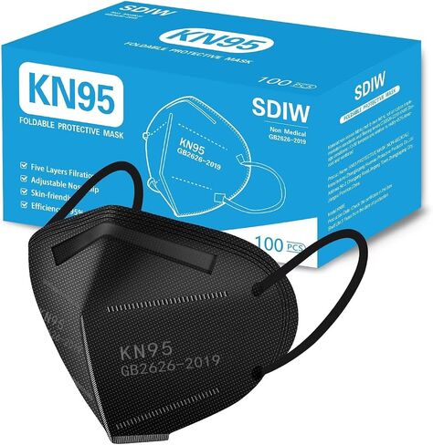 100PCS KN95 Black Face Masks 5 Layer Filter Efficiency≥95% with Elastic Ear Loop and Nose Bridge Clip Breathable Mask in Kuwait