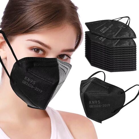 100PCS KN95 Black Face Masks 5 Layer Filter Efficiency≥95% with Elastic Ear Loop and Nose Bridge Clip Breathable Mask in Kuwait