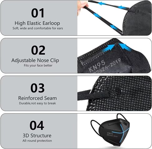 100PCS KN95 Black Face Masks 5 Layer Filter Efficiency≥95% with Elastic Ear Loop and Nose Bridge Clip Breathable Mask in Kuwait